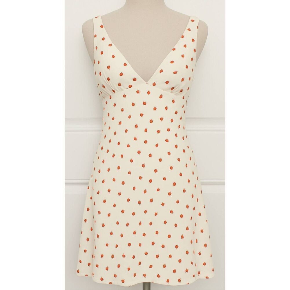 Zara women medium mini flare slip dress beige cream red strawberry viscose silk